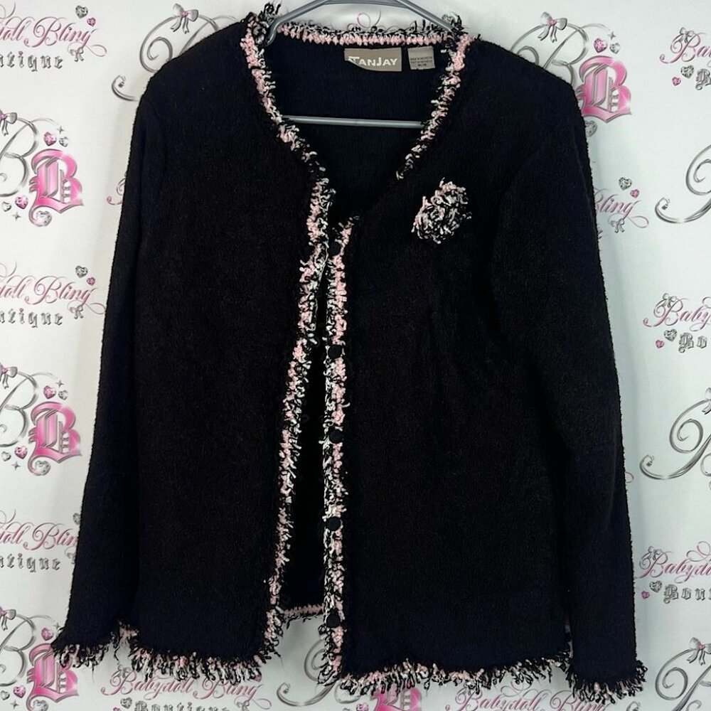 TanJay blazer tweed style pink white Black and Pink Knit Jacket with brooch